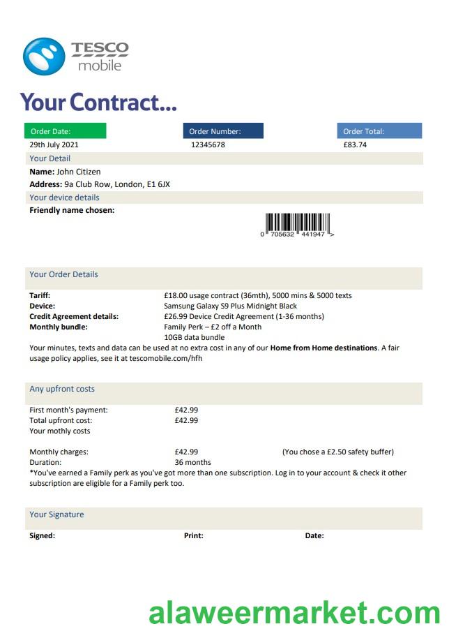United Kingdom Tesco Mobile utility bill template in Word and PDF format